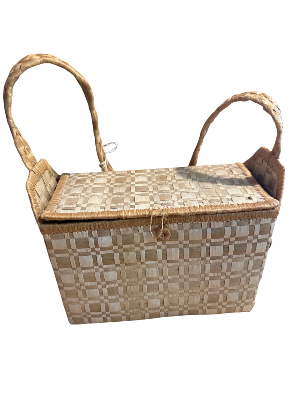 Vintage woven Palm leaf Polynesian handmade rectangular picnic basket purse bag